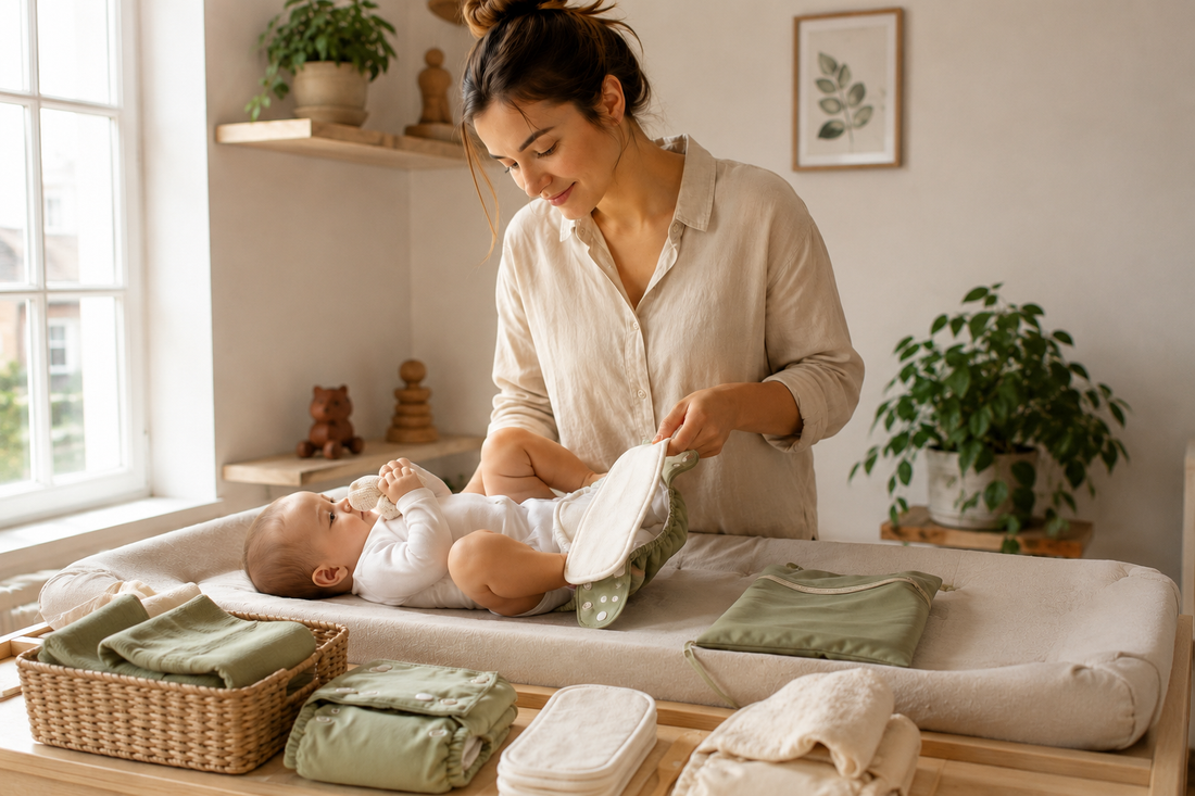Mamma cambia un pannolino lavabile al proprio bambino su un fasciatoio in una cameretta luminosa con inserti assorbenti, wet bag e accessori per il cambio.