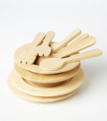 Set piatti e posate in legno
